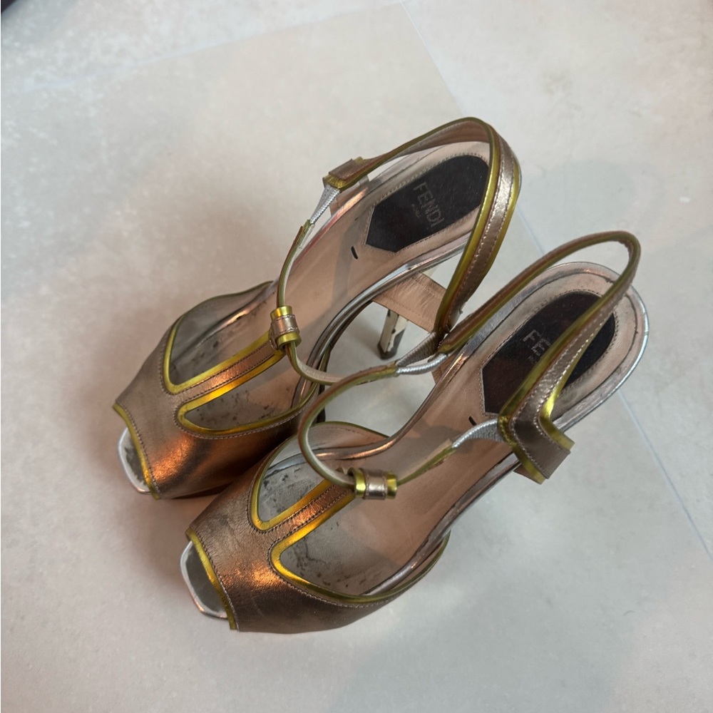 Fendi Women's Metallic Gold Peep-Toe Heels